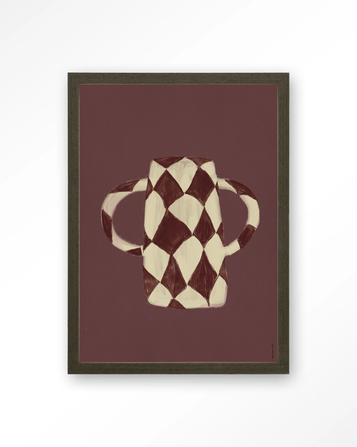 Vivid Vase 07 – bordeaux geruite vaas – Art print – Hout donkerbruin