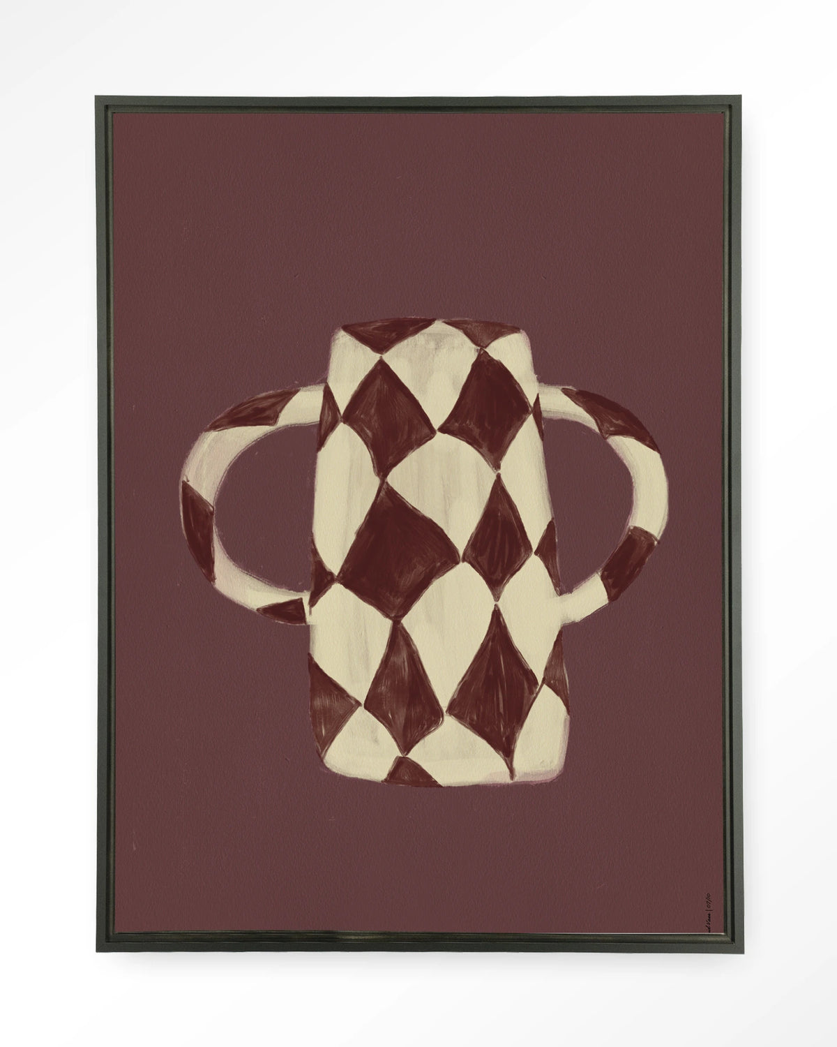 Vivid Vase 07 – bordeaux geruite vaas – Wandkleed – Floating frame – zwart