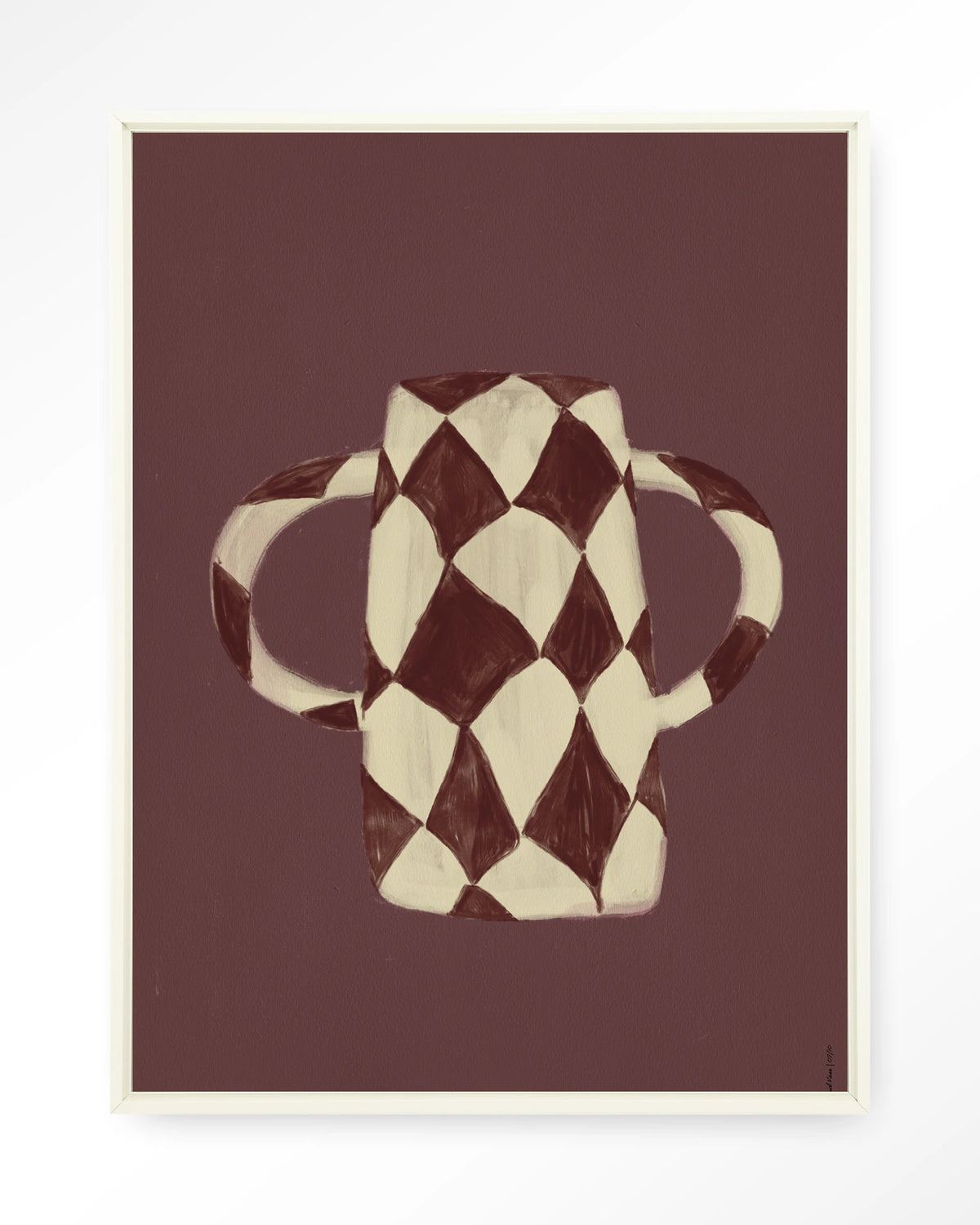 Vivid Vase 07 – bordeaux geruite vaas – Wandkleed – Floating frame – wit