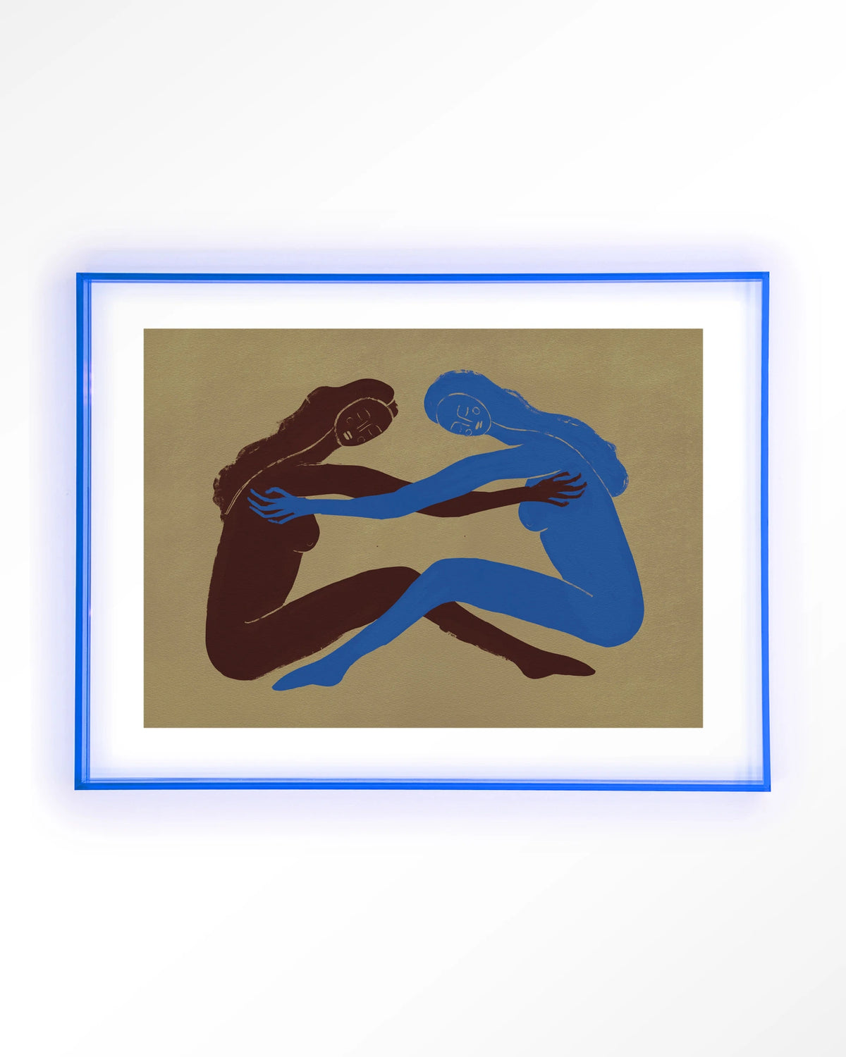 Serene Embrace – twee figuren in omhelzing – Art print – Acryl lichtblauw