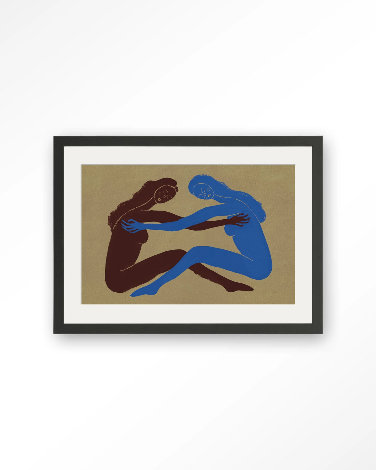 Serene Embrace – twee figuren in omhelzing – Art print – Hout zwart + passe-partout