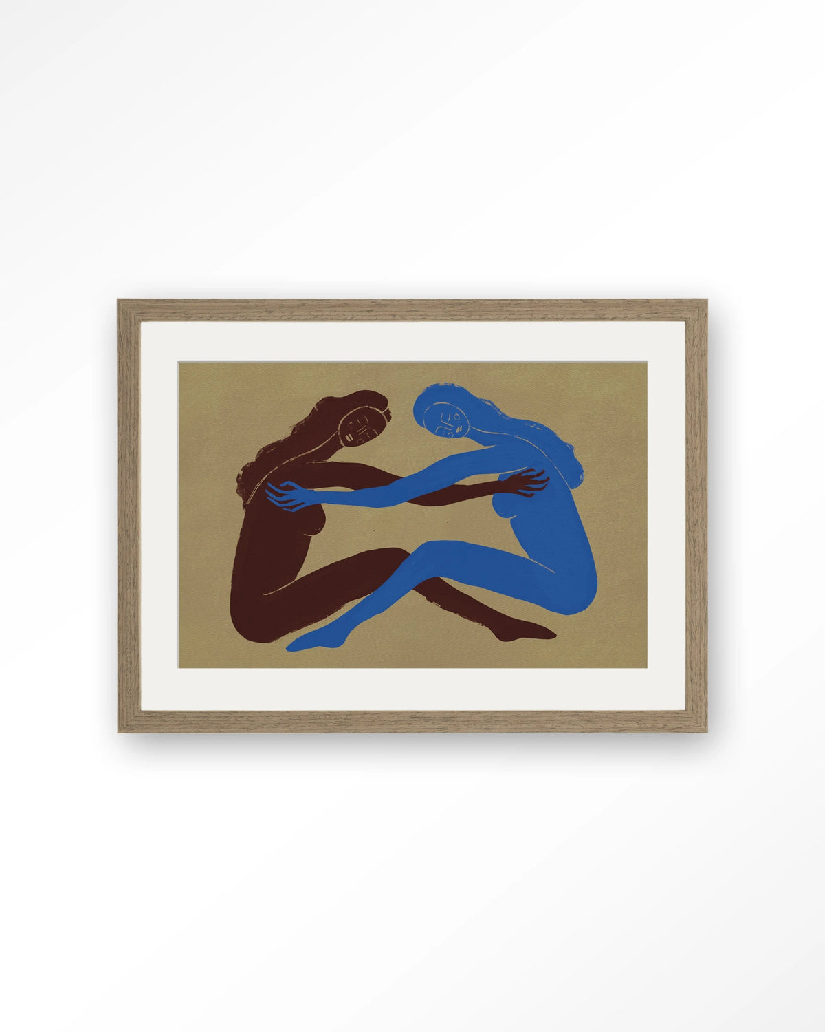 Serene Embrace – twee figuren in omhelzing – Art print – Hout bruin + passe-partout