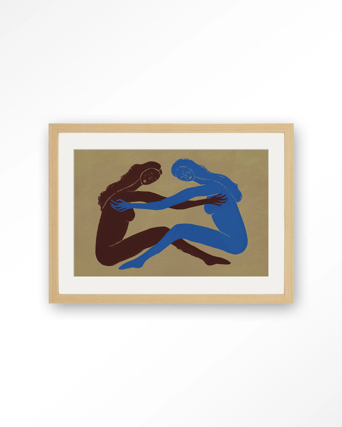 Serene Embrace – twee figuren in omhelzing – Art print – Hout naturel + passe-partout