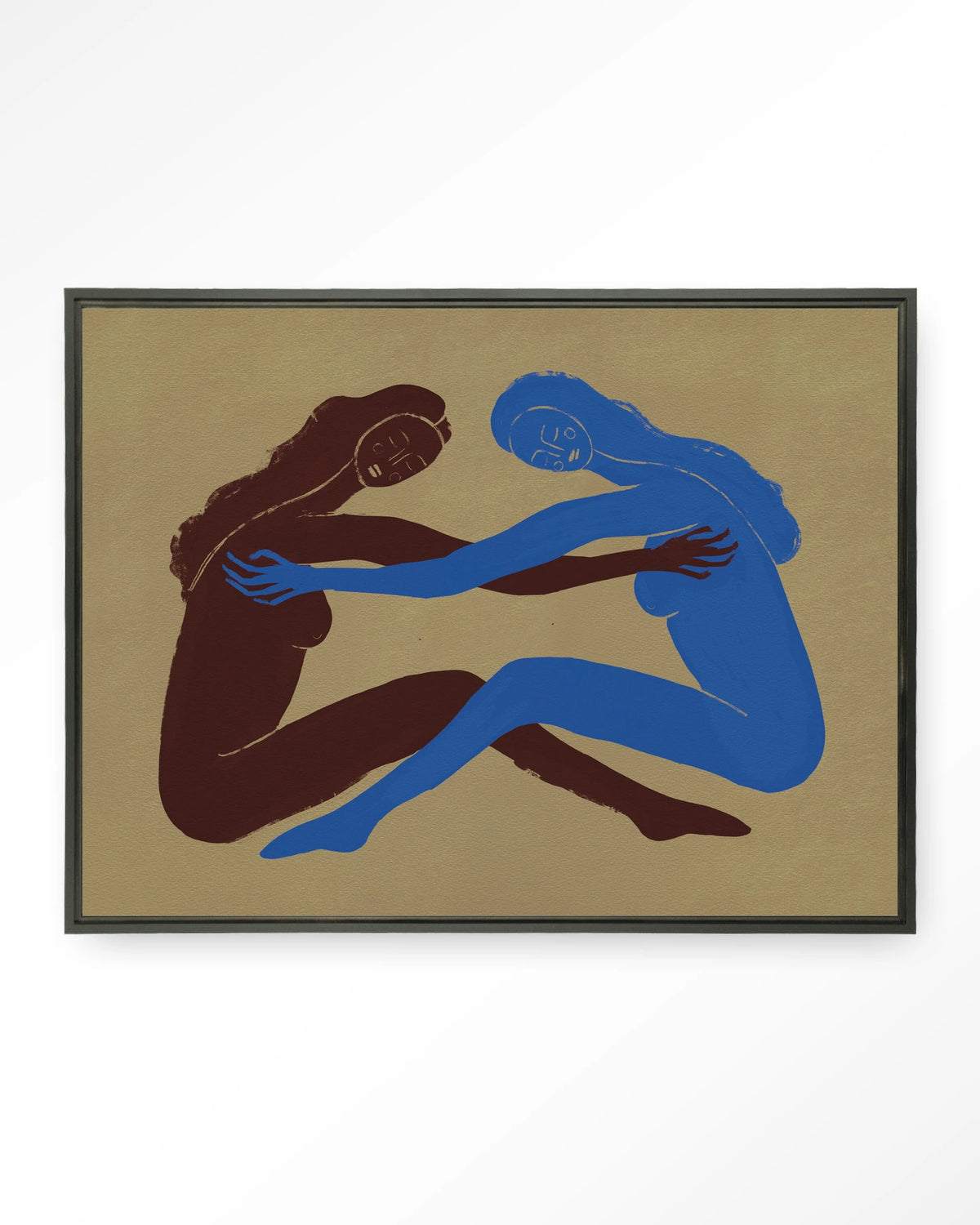 Serene Embrace – twee figuren in omhelzing – Wandkleed – Floating frame – zwart