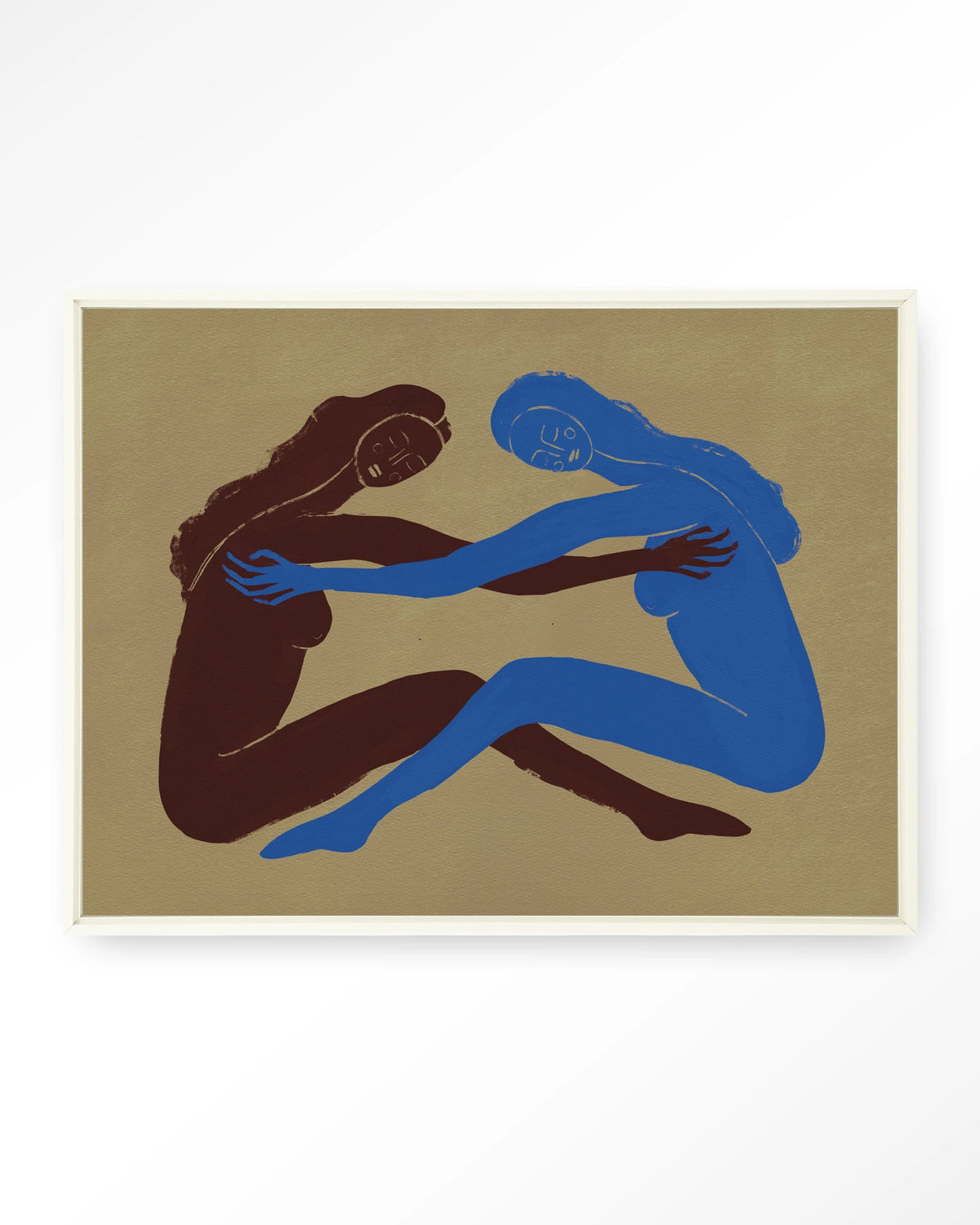 Serene Embrace – twee figuren in omhelzing – Wandkleed – Floating frame – wit