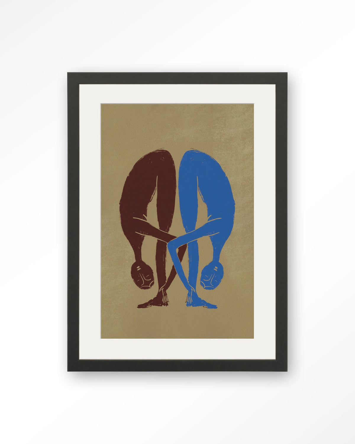 Soul Stretch – twee figuren in yogahouding – Art print – Hout zwart + passe-partout