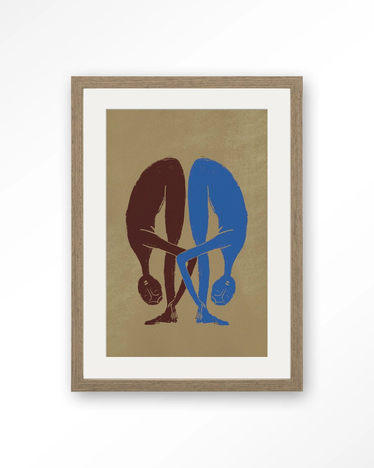 Soul Stretch – twee figuren in yogahouding – Art print – Hout bruin + passe-partout