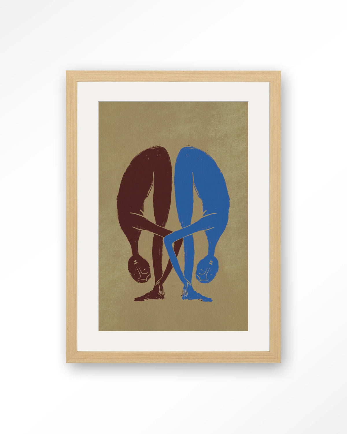 Soul Stretch – twee figuren in yogahouding – Art print – Hout naturel + passe-partout