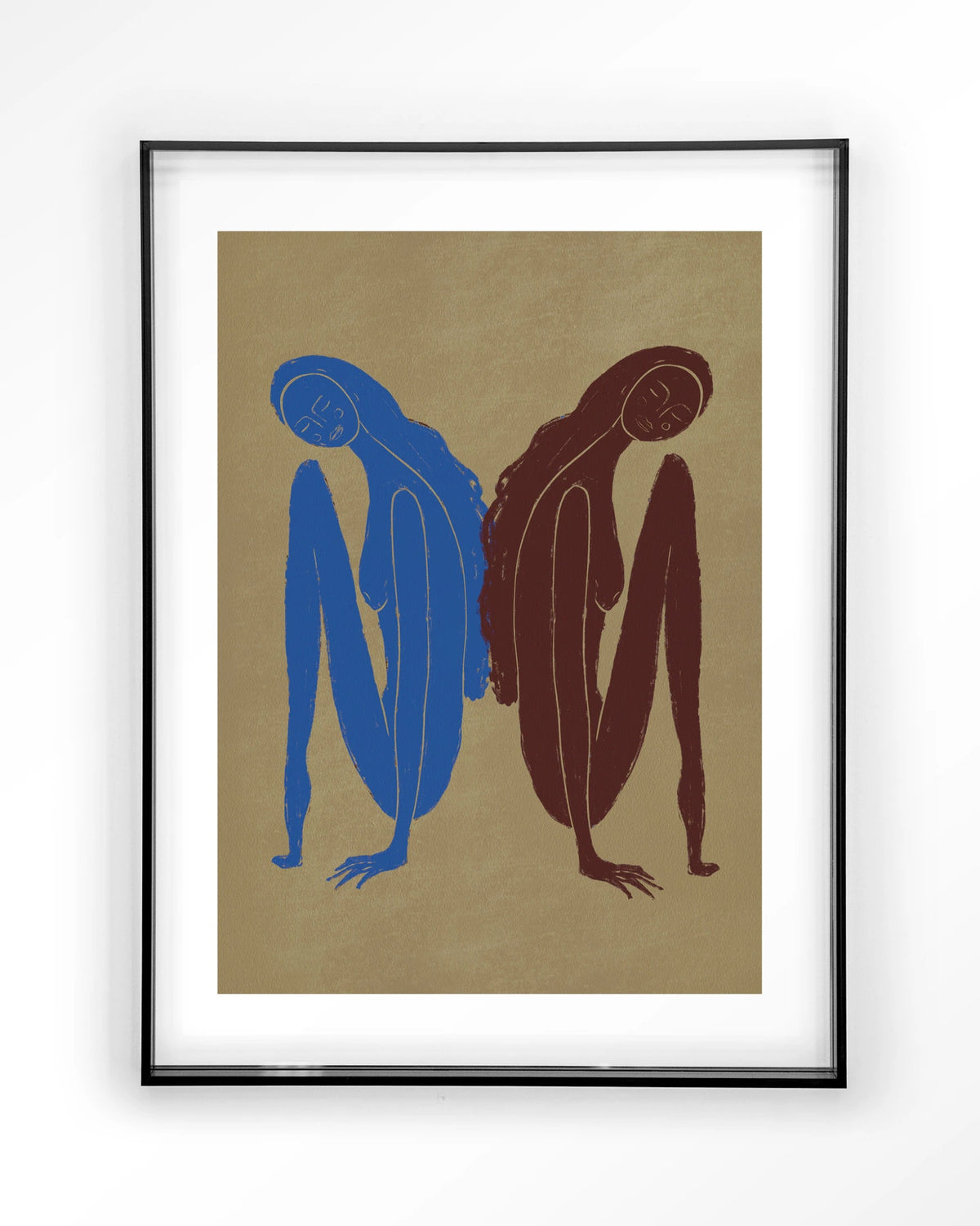 Sync Motion Wandkleed – twee figuren in blauw en bruin – Art print – Acryl zwart