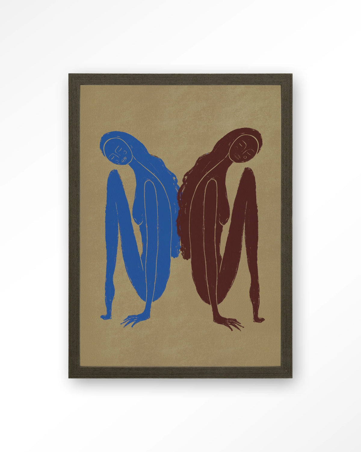 Sync Motion Wandkleed – twee figuren in blauw en bruin – Art print – Hout donkerbruin