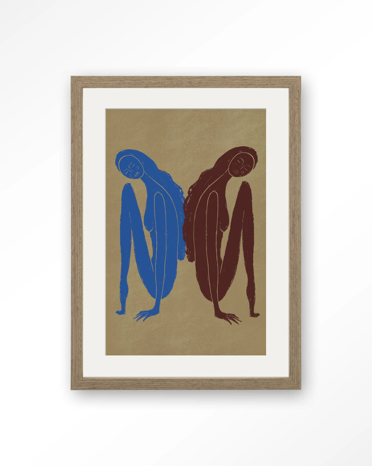 Sync Motion Wandkleed – twee figuren in blauw en bruin – Art print – Hout bruin + passe-partout