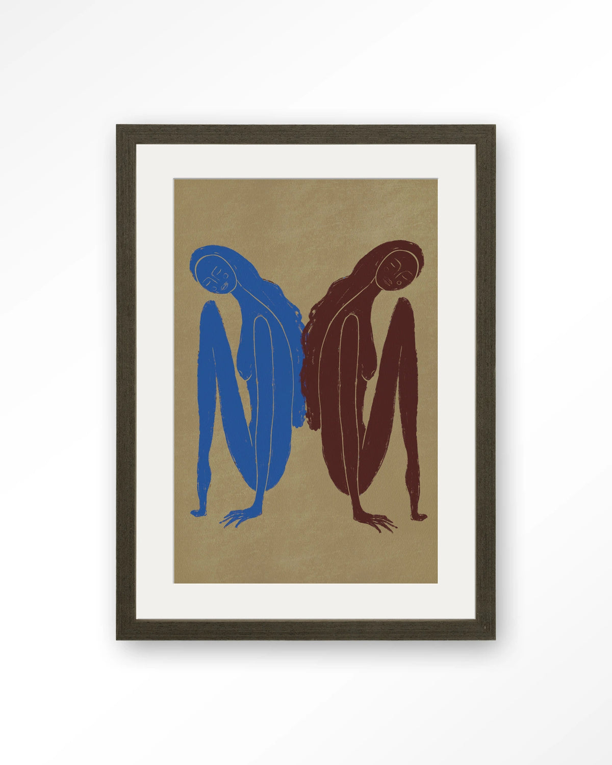 Sync Motion Wandkleed – twee figuren in blauw en bruin – Art print – Hout donkerbruin + passe-partout