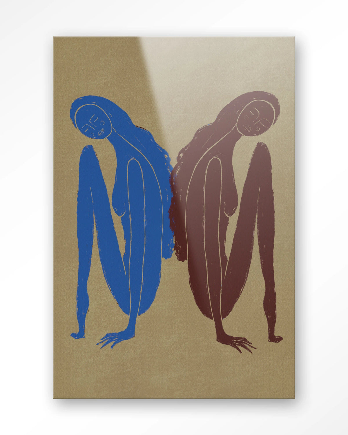Sync Motion Wandkleed – twee figuren in blauw en bruin – Glas – Blinde montage