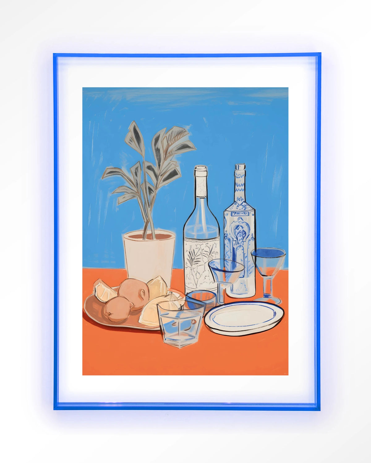 Cocktail Table – stilleven met flessen en glazen – Art print – Acryl lichtblauw