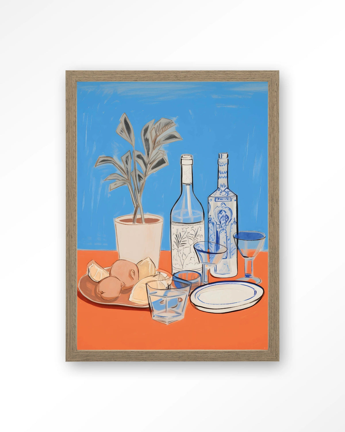 Cocktail Table – stilleven met flessen en glazen – Art print – Hout bruin