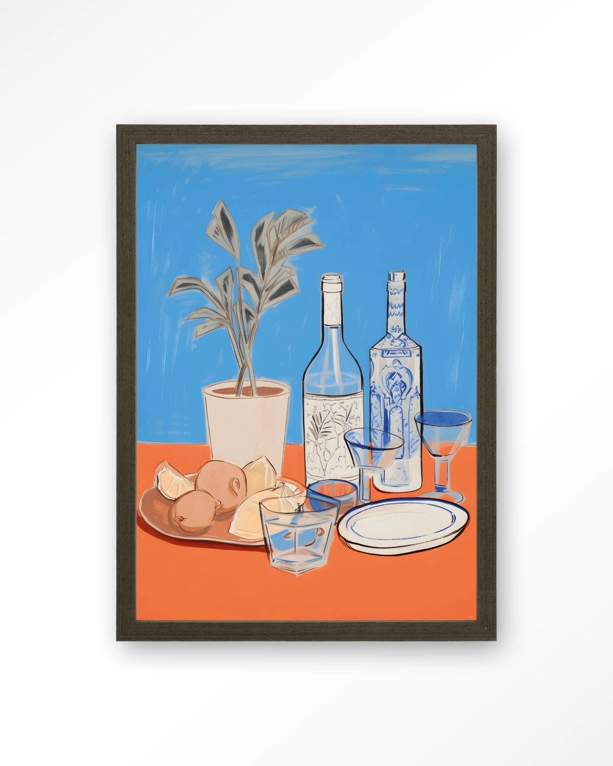 Cocktail Table – stilleven met flessen en glazen – Art print – Hout donkerbruin
