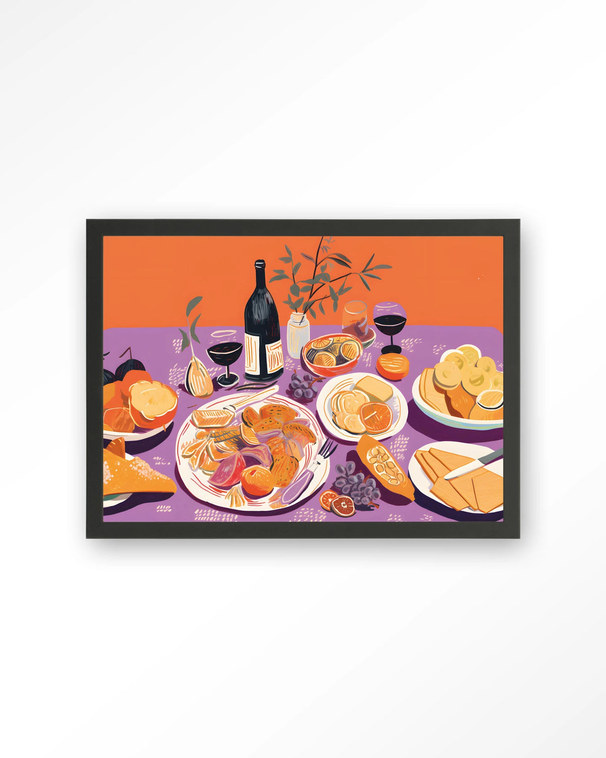 Burgundian Table – gedekte tafel met eten en wijn – Art print – Hout zwart