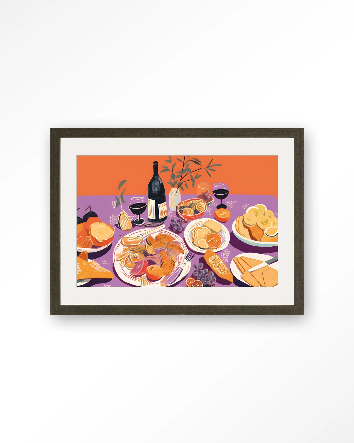 Burgundian Table – gedekte tafel met eten en wijn – Art print – Hout donkerbruin + passe-partout