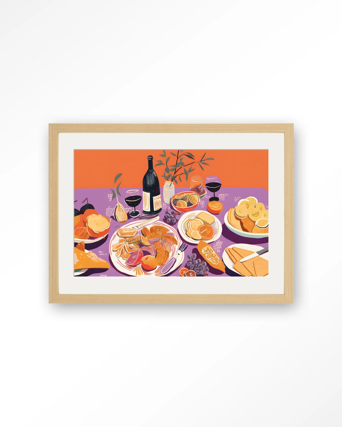 Burgundian Table – gedekte tafel met eten en wijn – Art print – Hout naturel + passe-partout