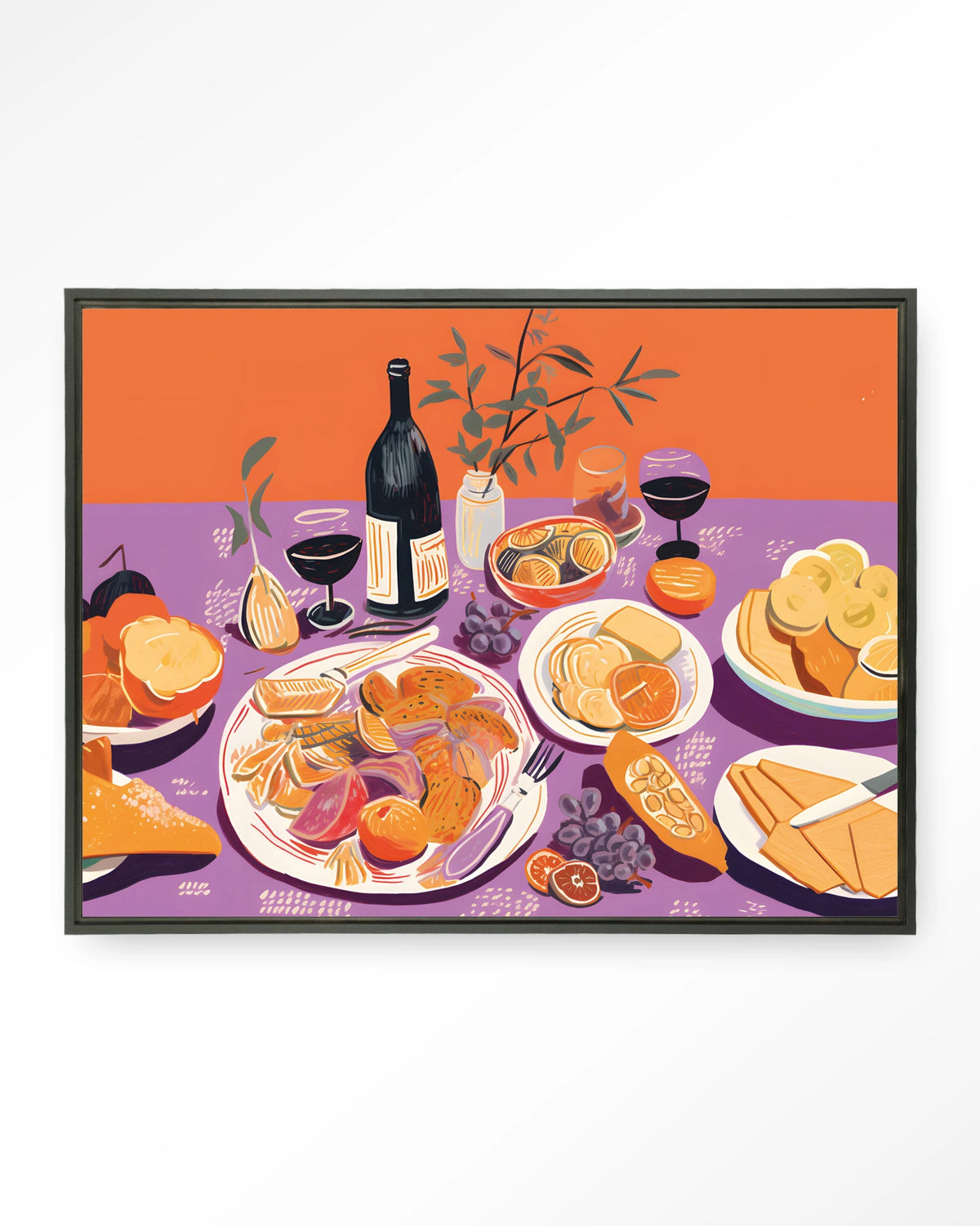 Burgundian Table – gedekte tafel met eten en wijn – Wandkleed – Floating frame – zwart