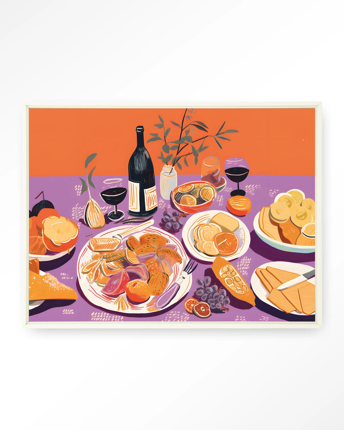 Burgundian Table – gedekte tafel met eten en wijn – Wandkleed – Floating frame – wit