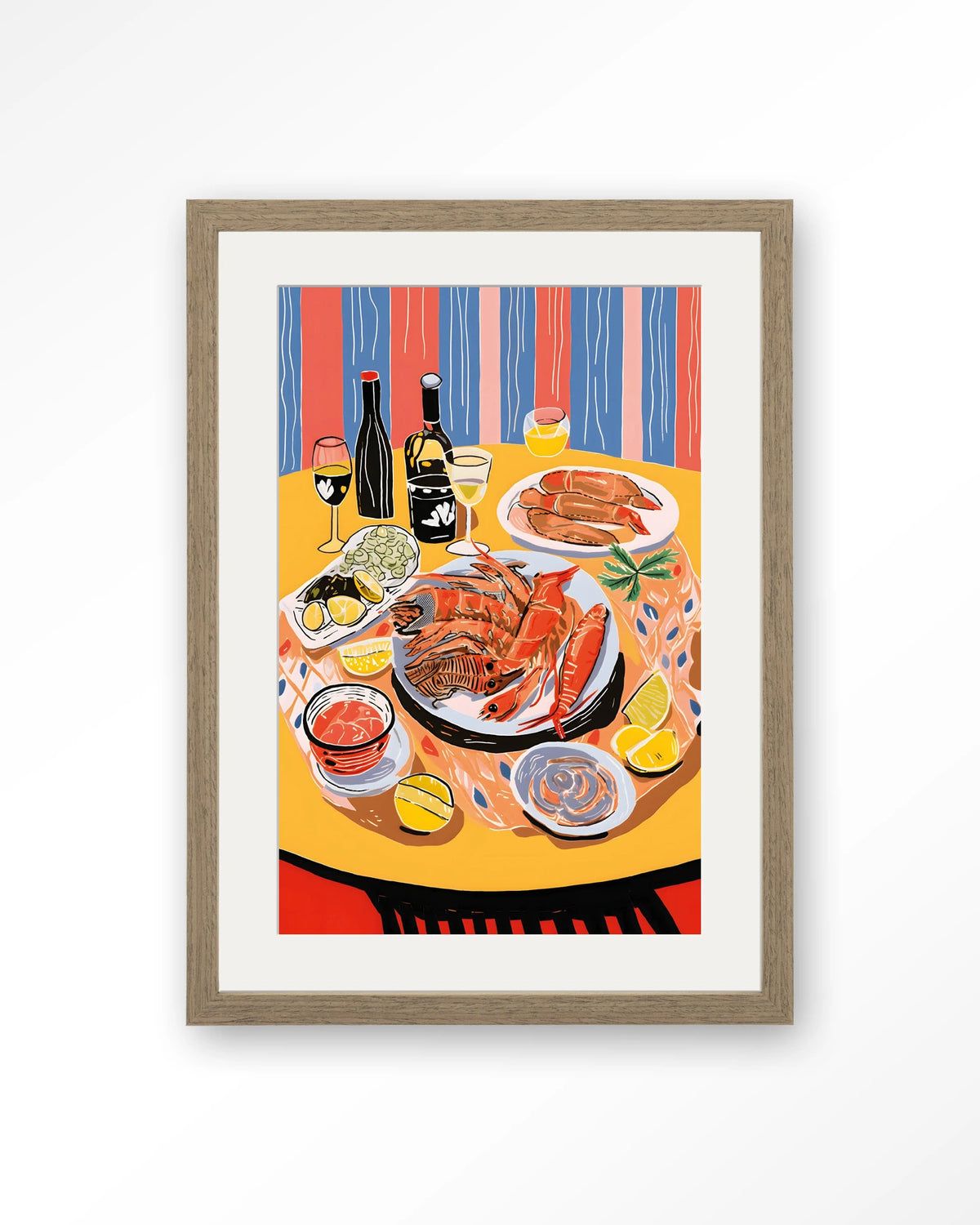 Fruits de Mer – zeevruchten op tafel – Art print – Hout bruin + passe-partout