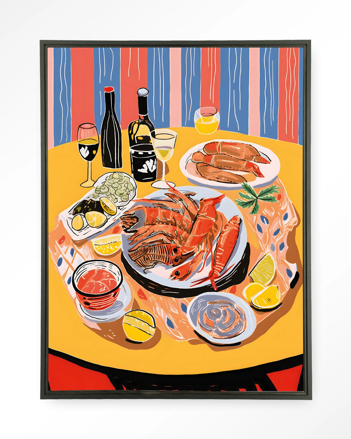 Fruits de Mer – zeevruchten op tafel – Wandkleed – Floating frame – zwart