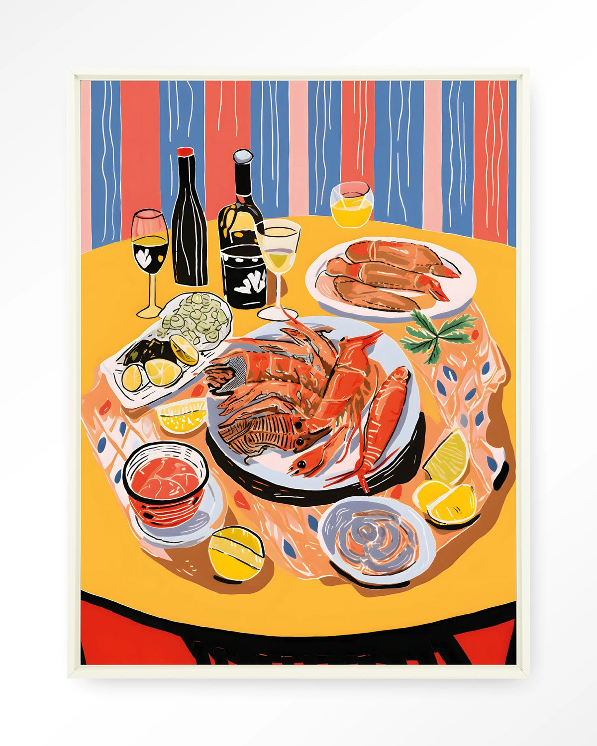 Fruits de Mer – zeevruchten op tafel – Wandkleed – Floating frame – wit