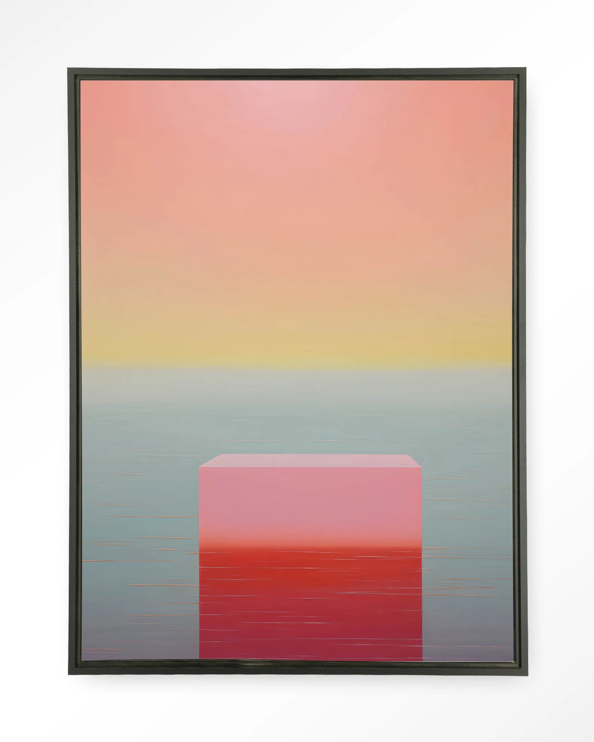 Gradient 3 – kleurverloop in roze en geel – Wandkleed – Floating frame – zwart