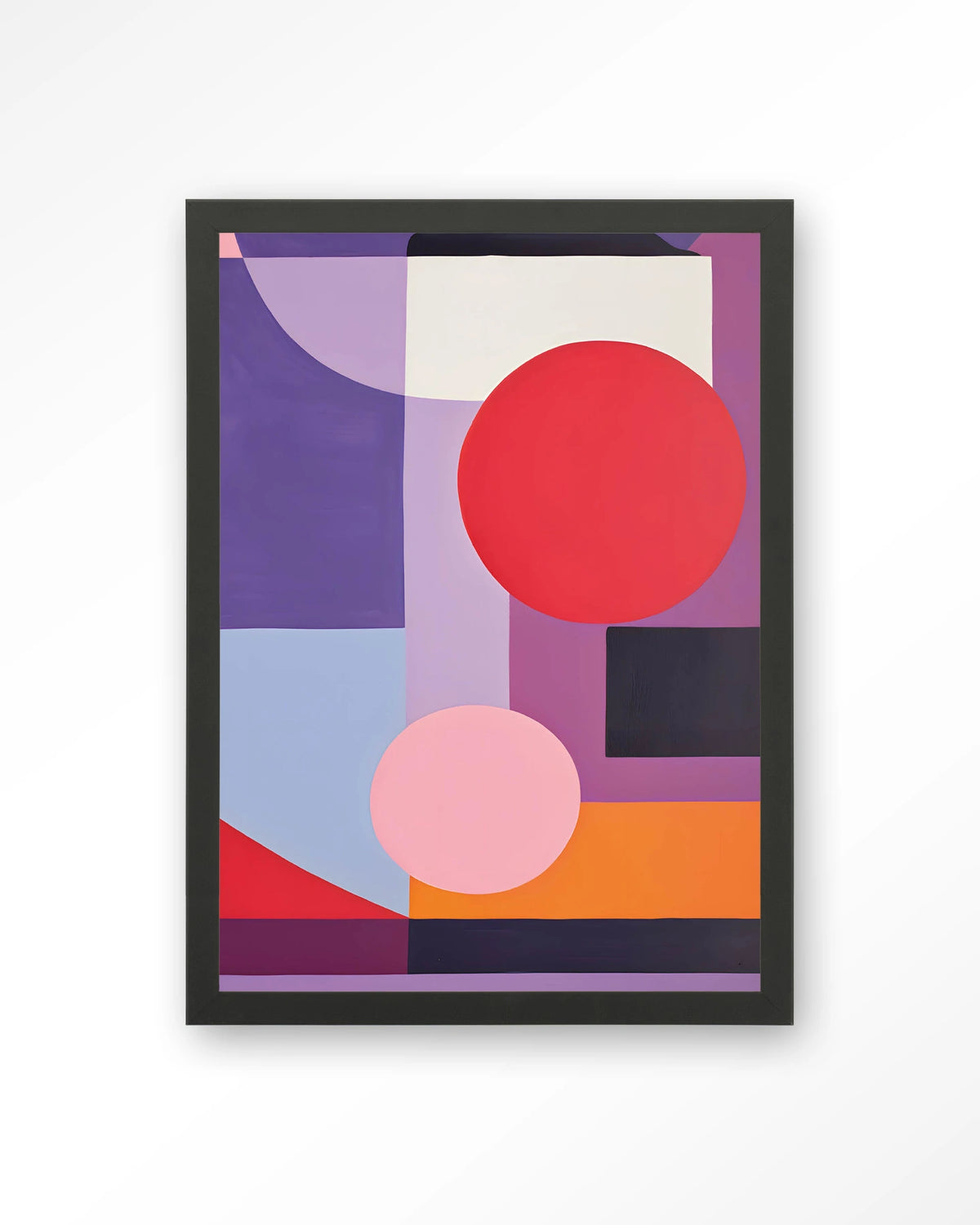 Attraction – geometrisch abstract in paars en rood – Art print – Hout zwart
