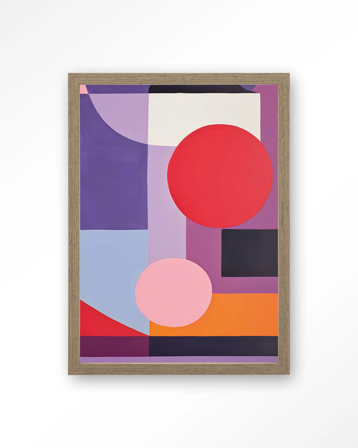 Attraction – geometrisch abstract in paars en rood – Art print – Hout bruin