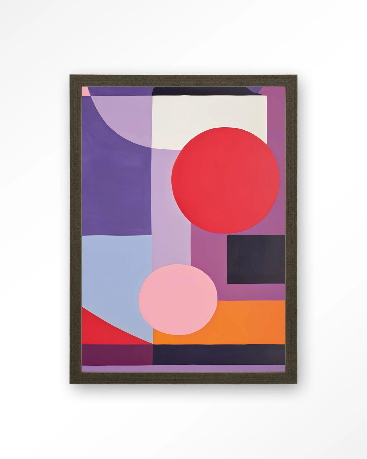 Attraction – geometrisch abstract in paars en rood – Art print – Hout donkerbruin