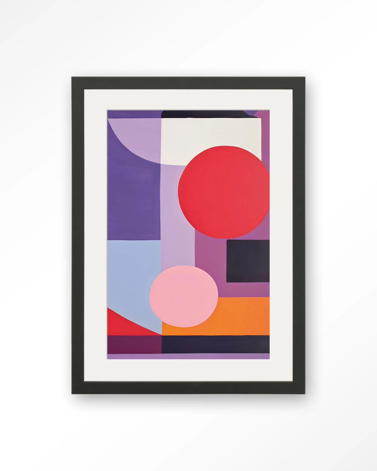 Attraction – geometrisch abstract in paars en rood – Art print – Hout zwart + passe-partout