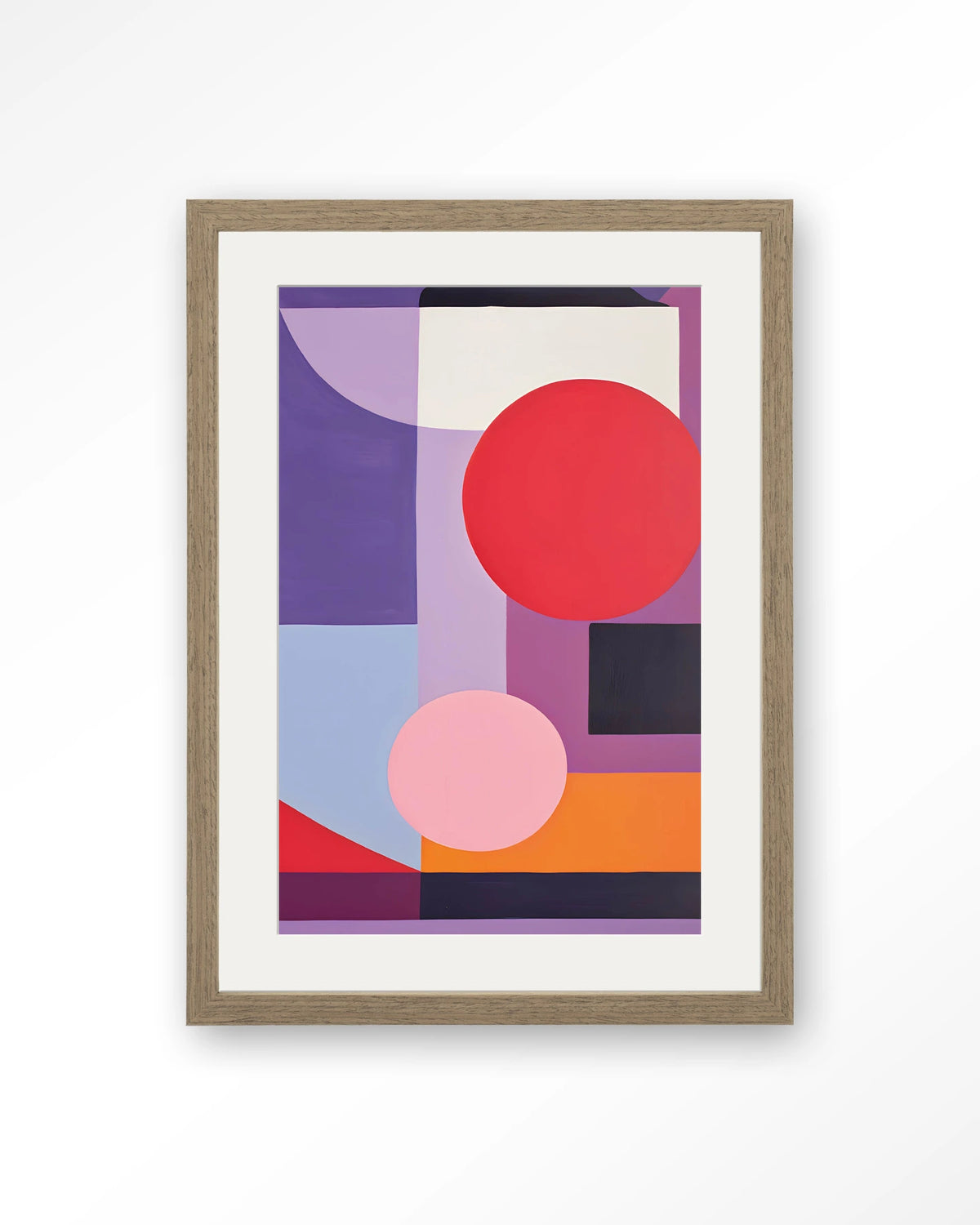 Attraction – geometrisch abstract in paars en rood – Art print – Hout bruin + passe-partout