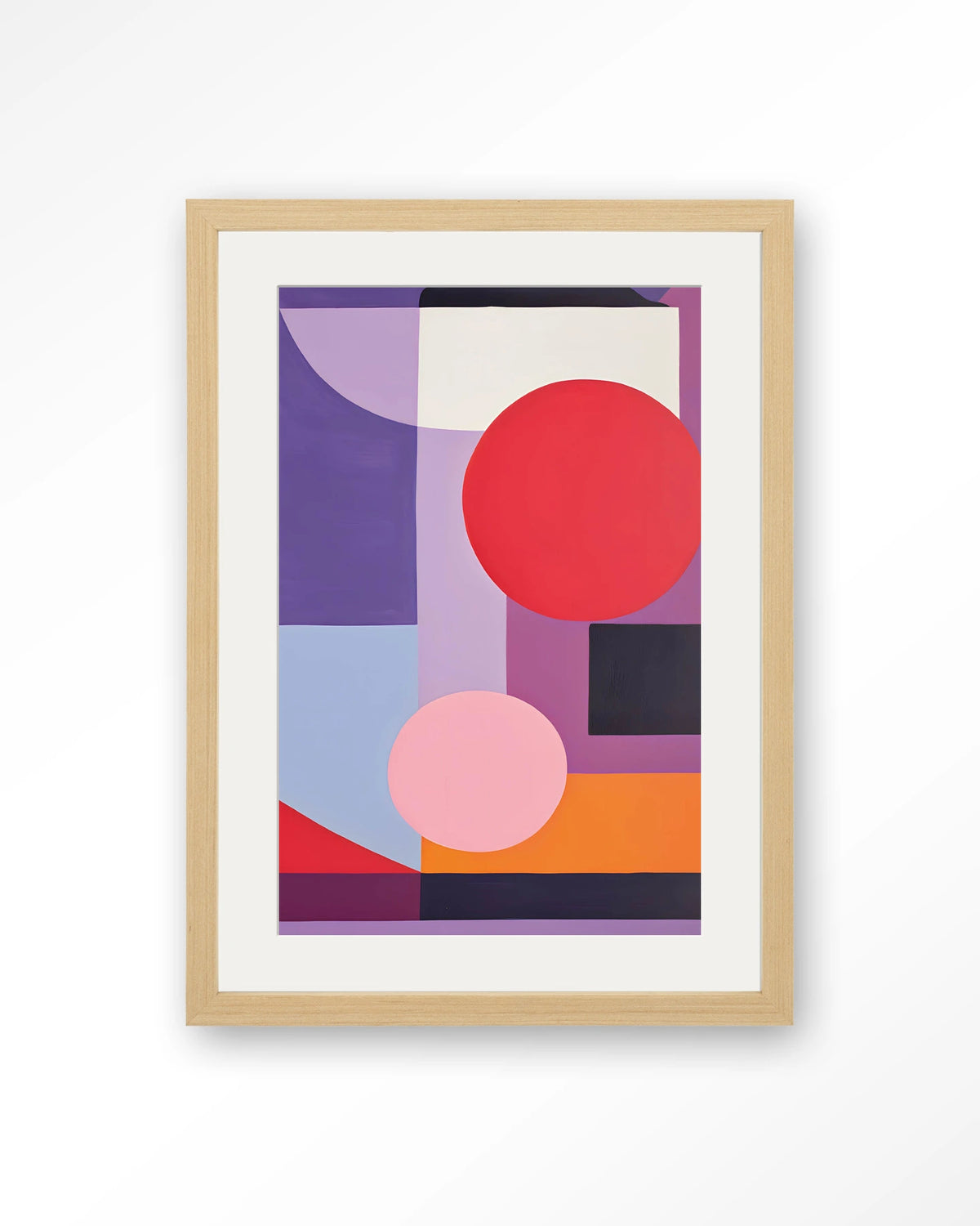 Attraction – geometrisch abstract in paars en rood – Art print – Hout naturel + passe-partout