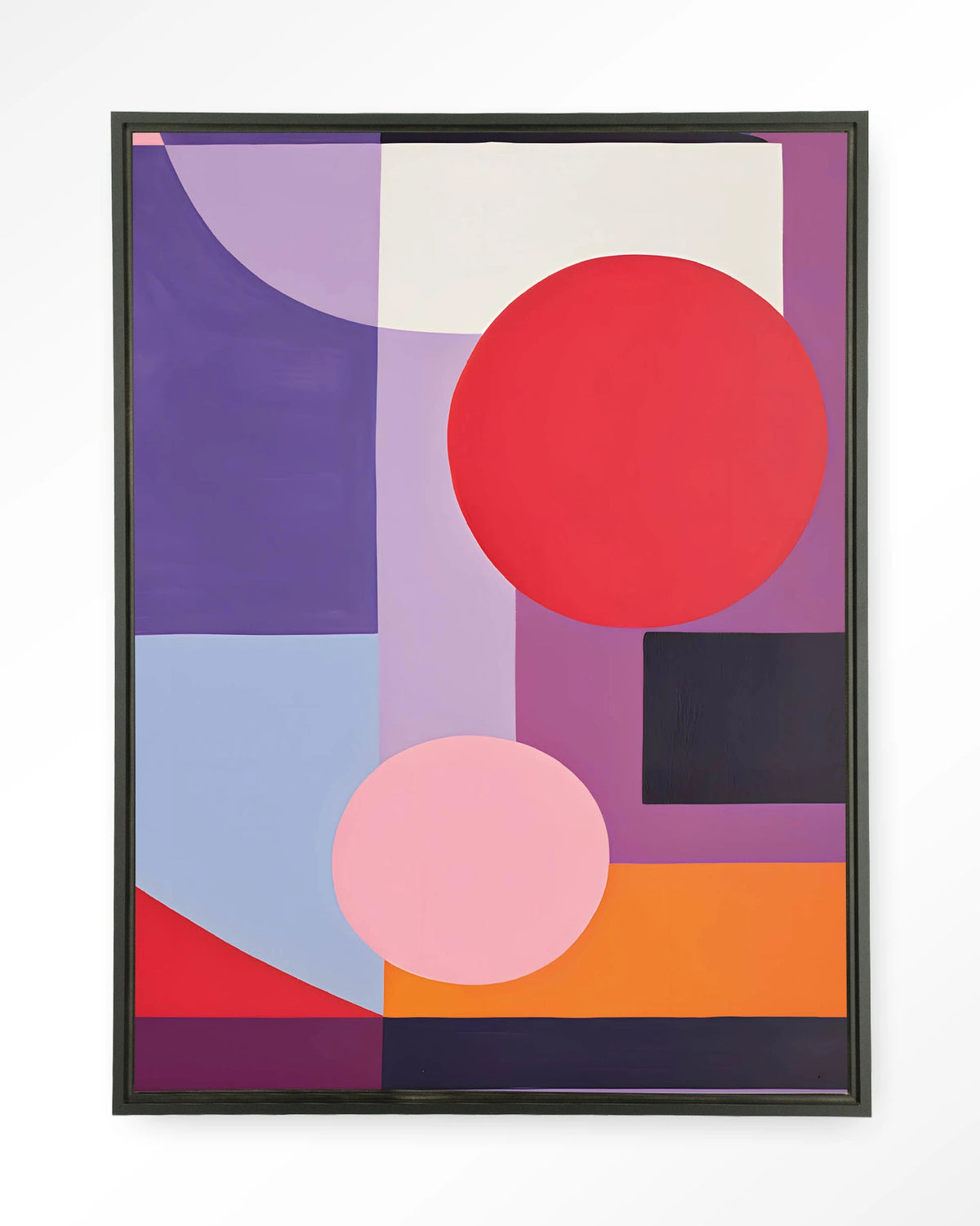 Attraction – geometrisch abstract in paars en rood – Wandkleed – Floating frame – zwart