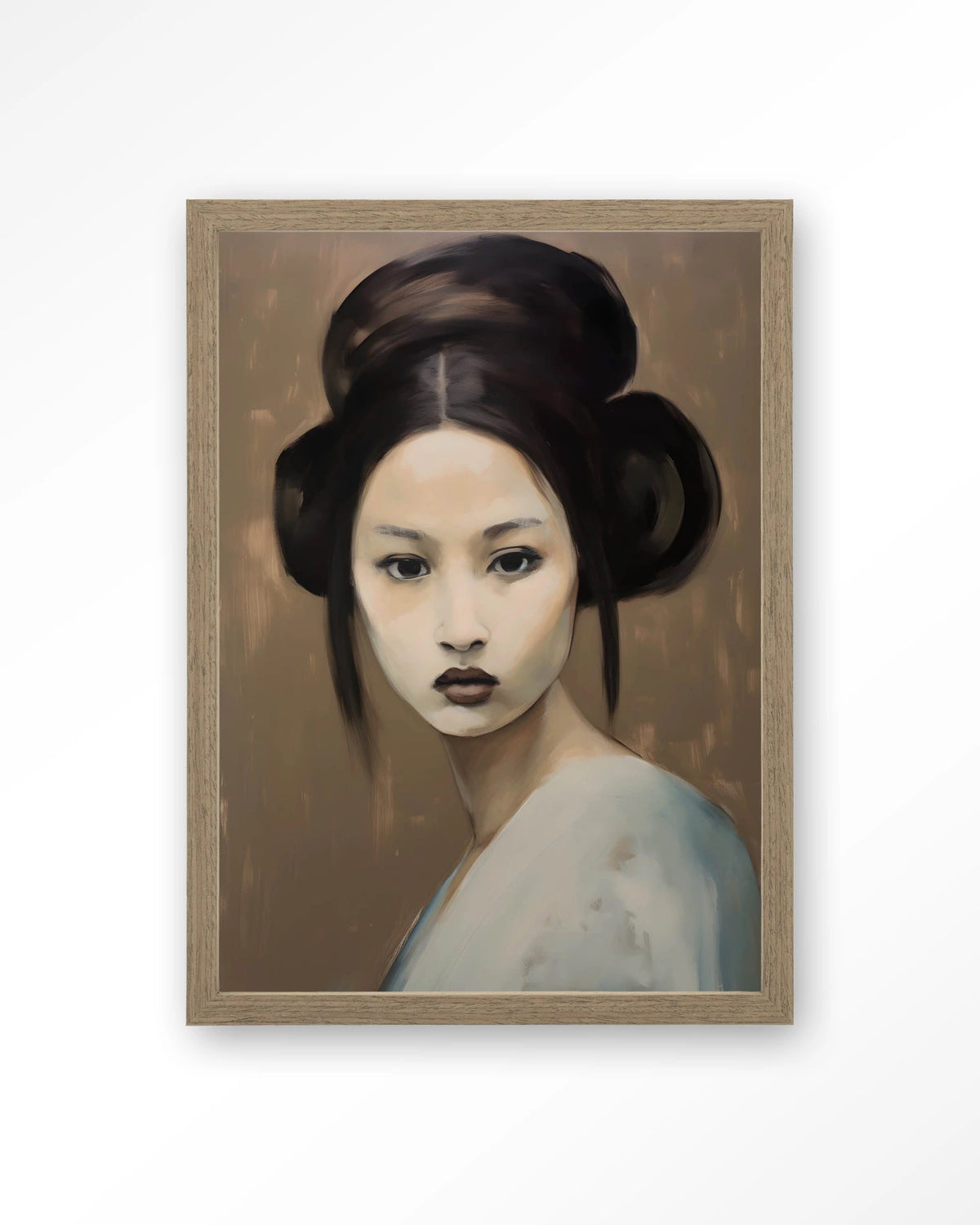 Tsuru – portret van een vrouw met knot – Art print – Hout bruin