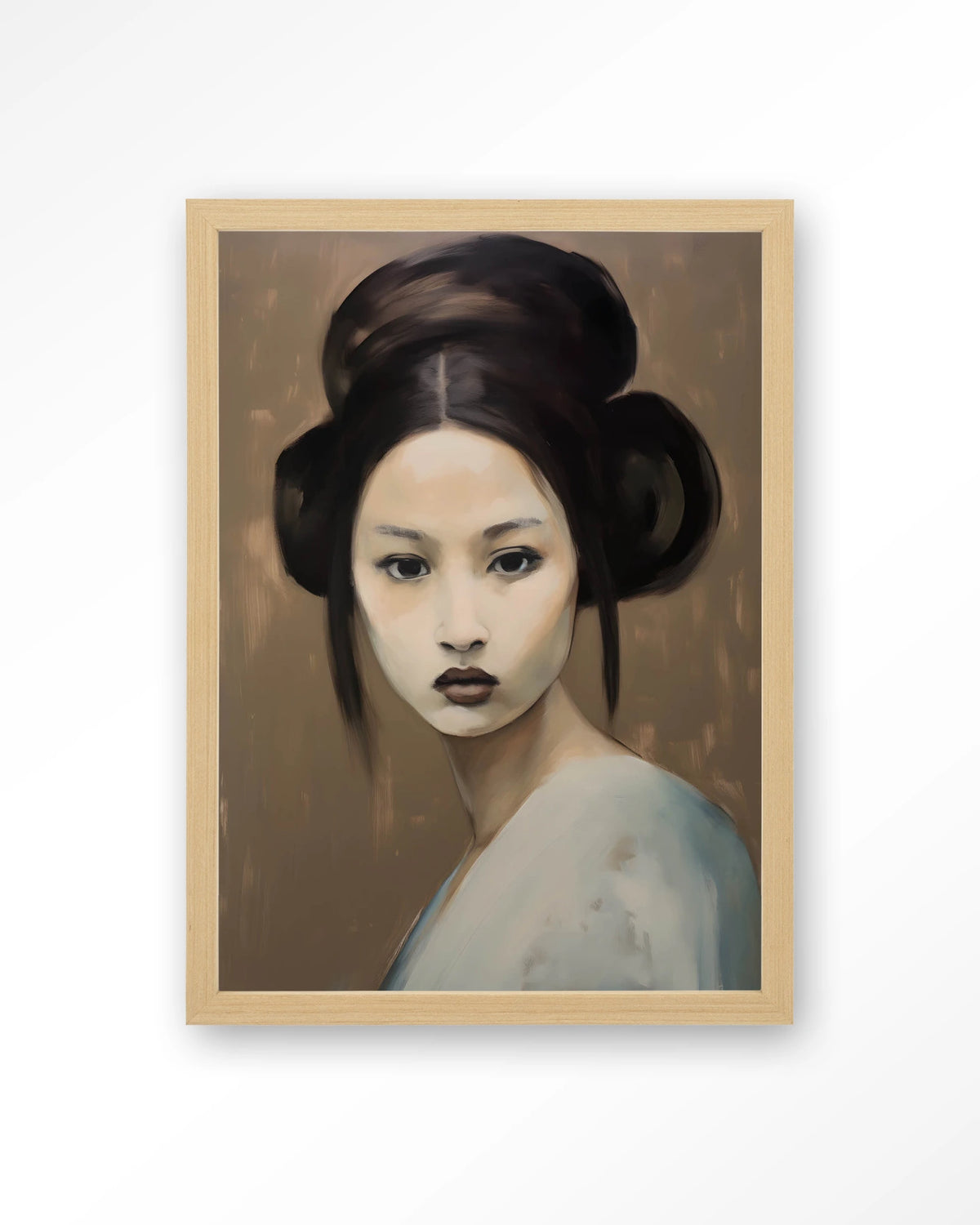 Tsuru – portret van een vrouw met knot – Art print – Hout naturel