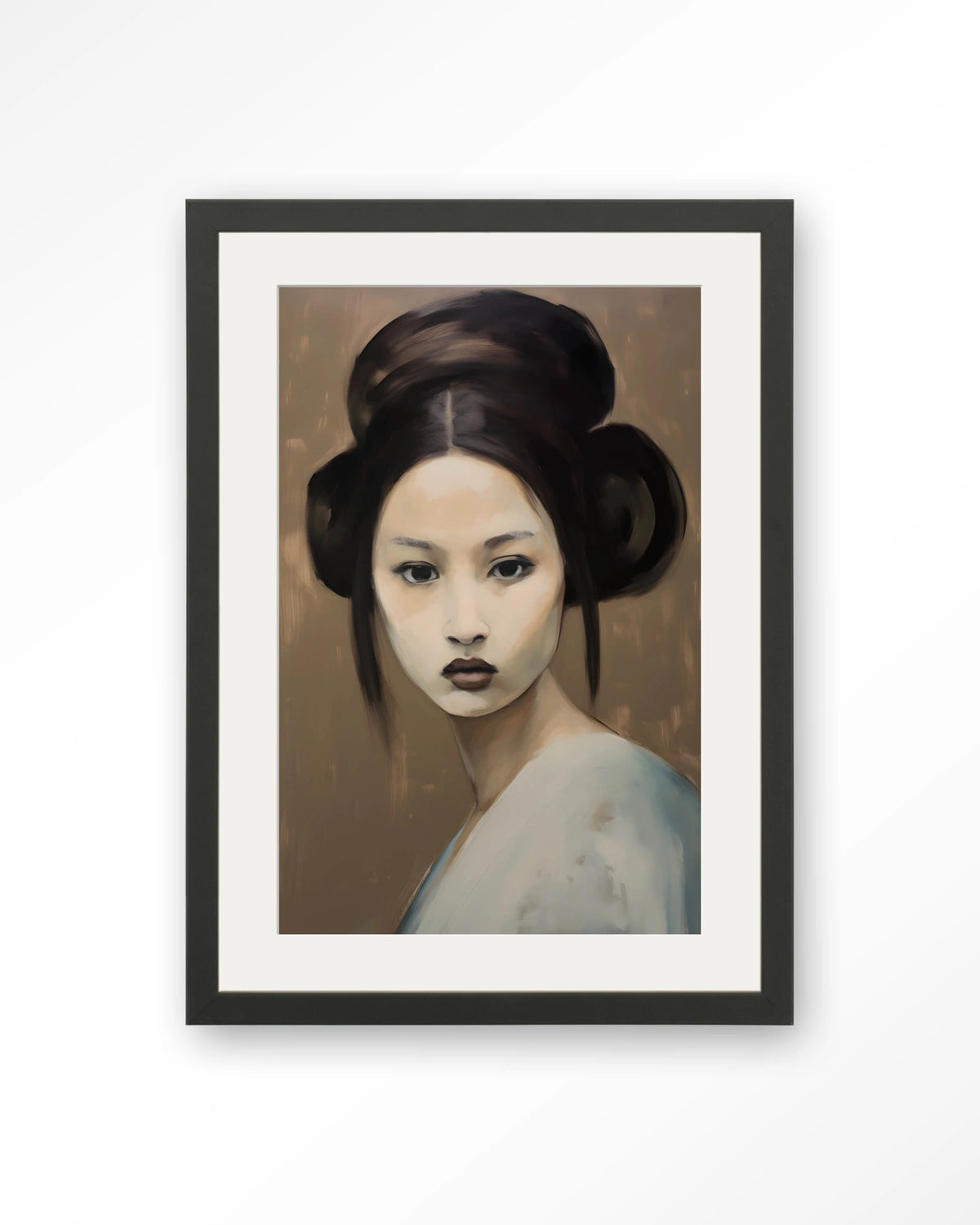 Tsuru – portret van een vrouw met knot – Art print – Hout zwart + passe-partout