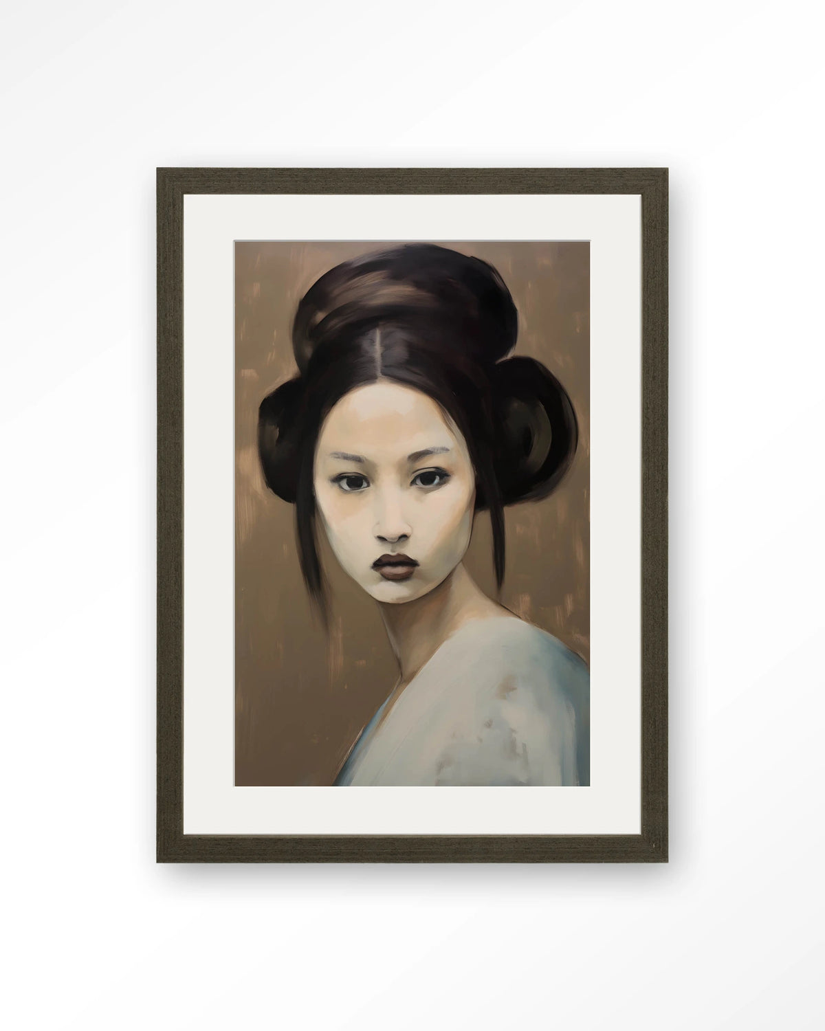 Tsuru – portret van een vrouw met knot – Art print – Hout donkerbruin + passe-partout