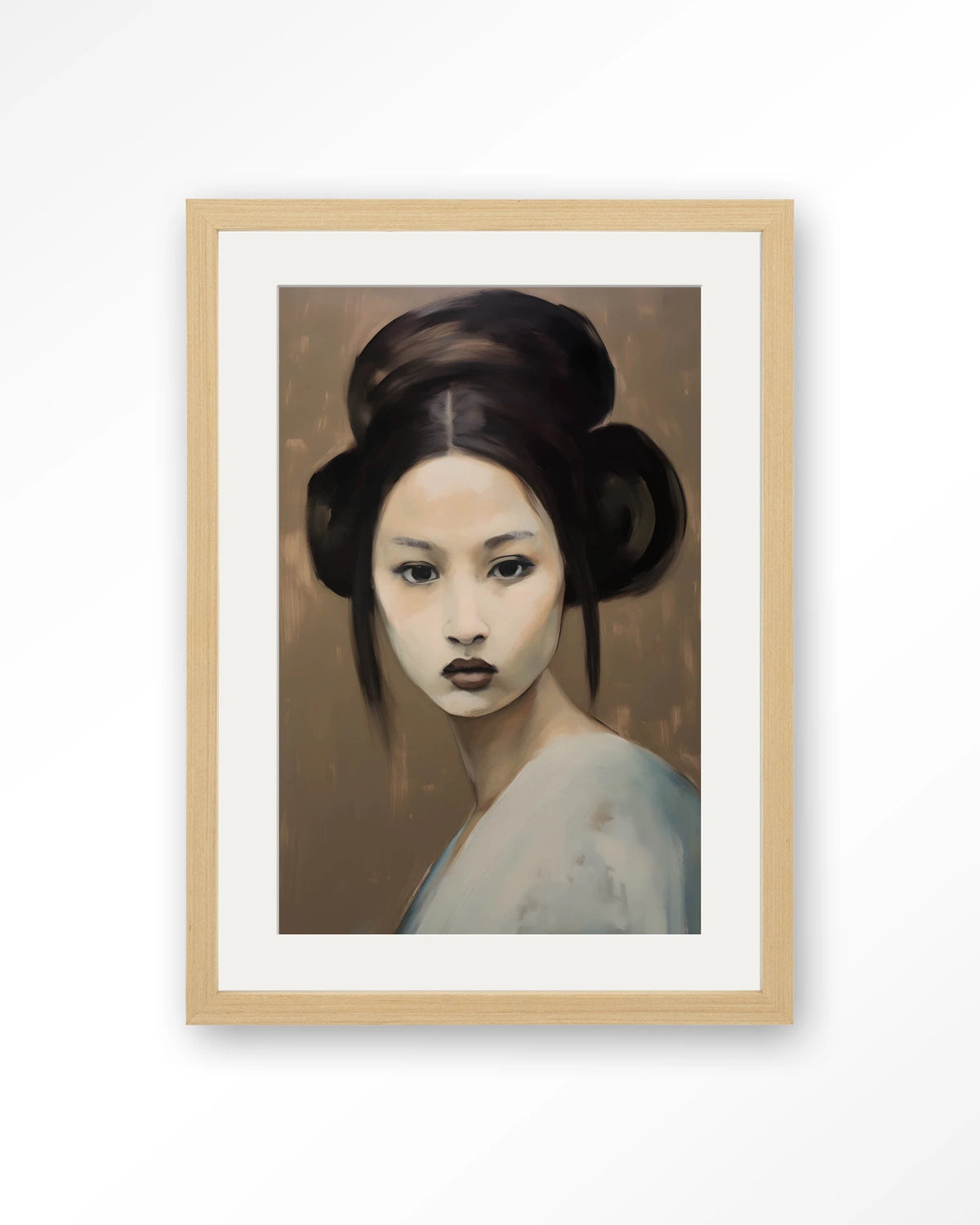Tsuru – portret van een vrouw met knot – Art print – Hout naturel + passe-partout