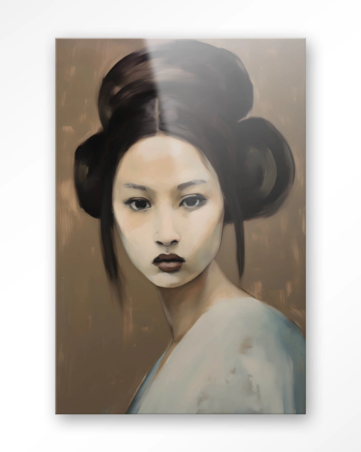 Tsuru – portret van een vrouw met knot – Glas – Blinde montage