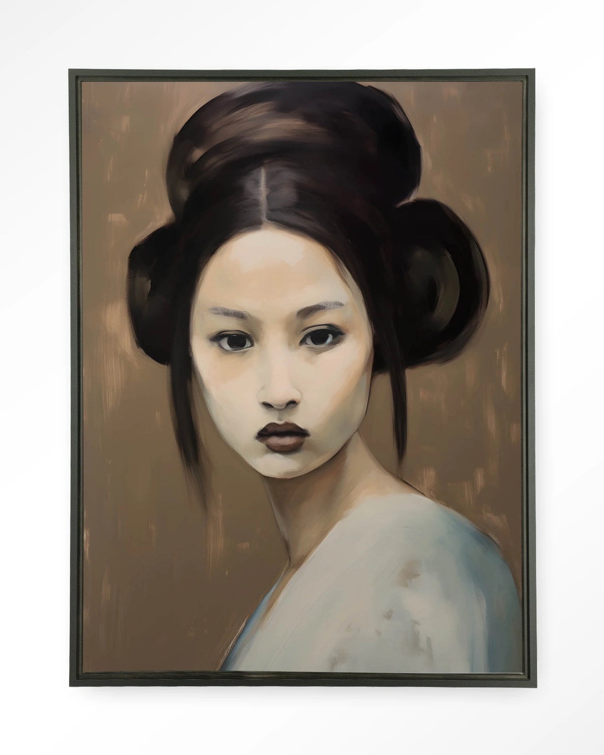 Tsuru – portret van een vrouw met knot – Wandkleed – Floating frame – zwart