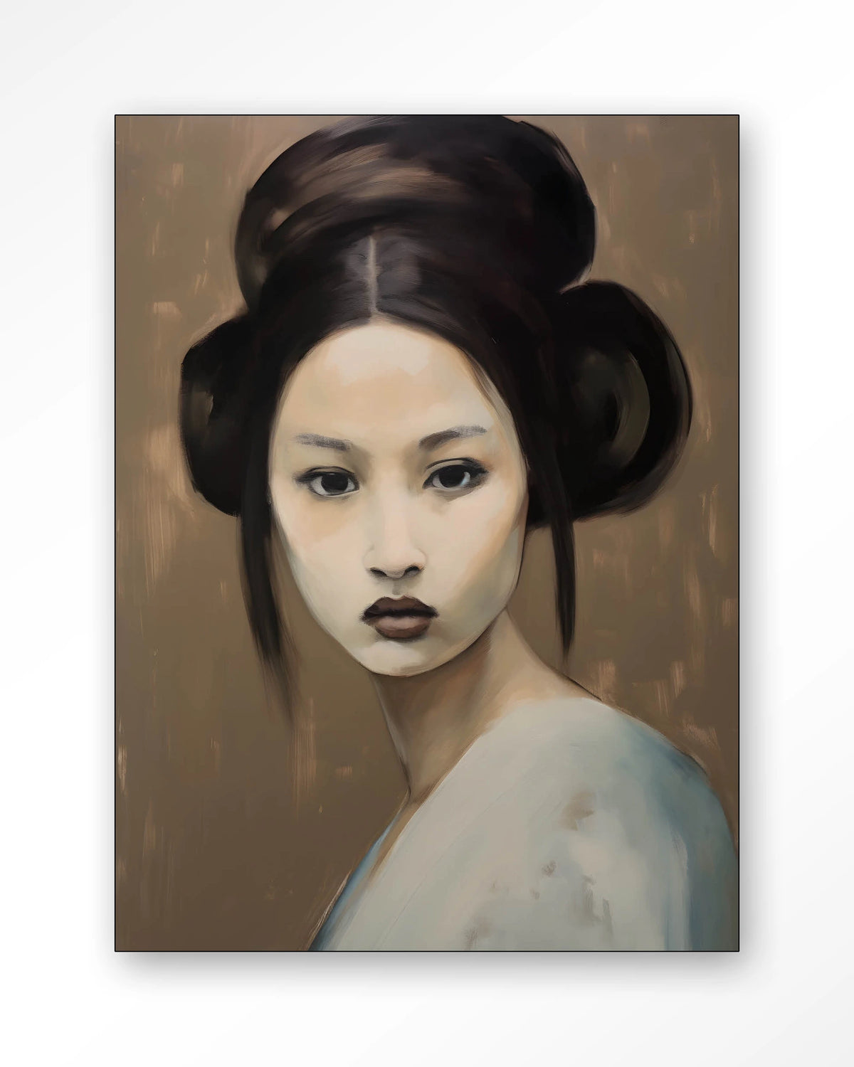 Tsuru – portret van een vrouw met knot – Wandkleed – Frame – zwart