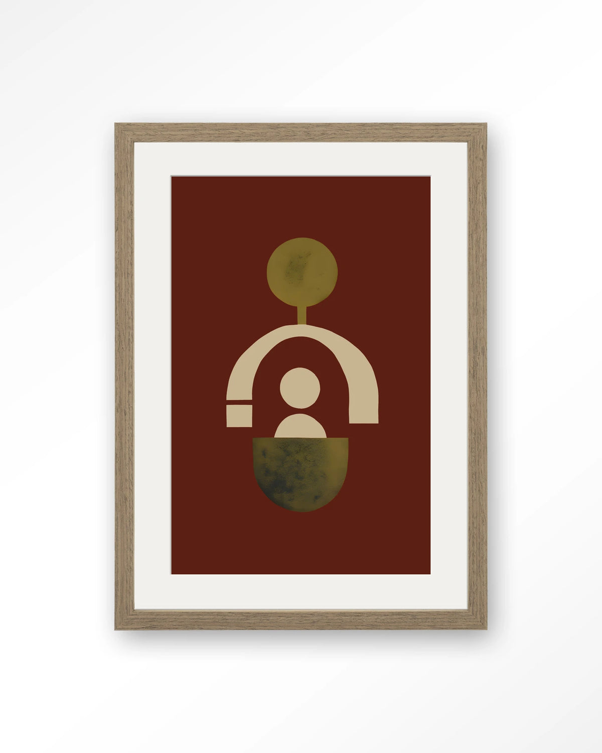 Forma 2 Red – abstracte vormen op rood – Art print – Hout bruin + passe-partout