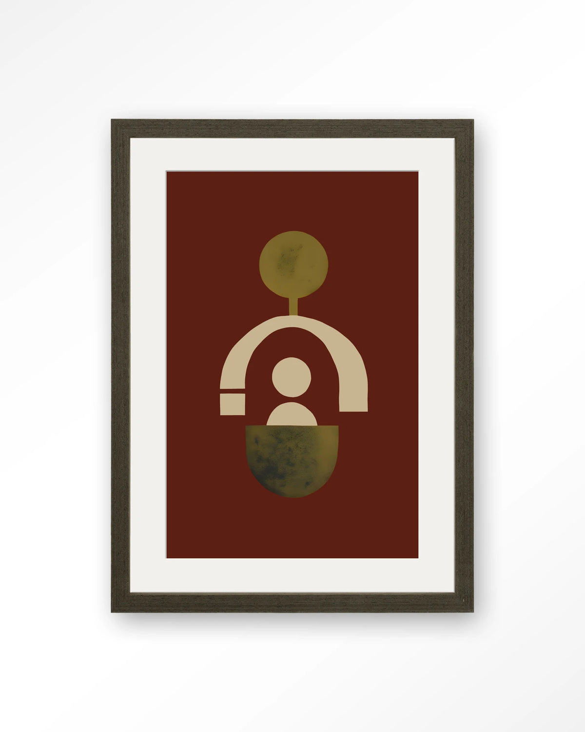 Forma 2 Red – abstracte vormen op rood – Art print – Hout donkerbruin + passe-partout