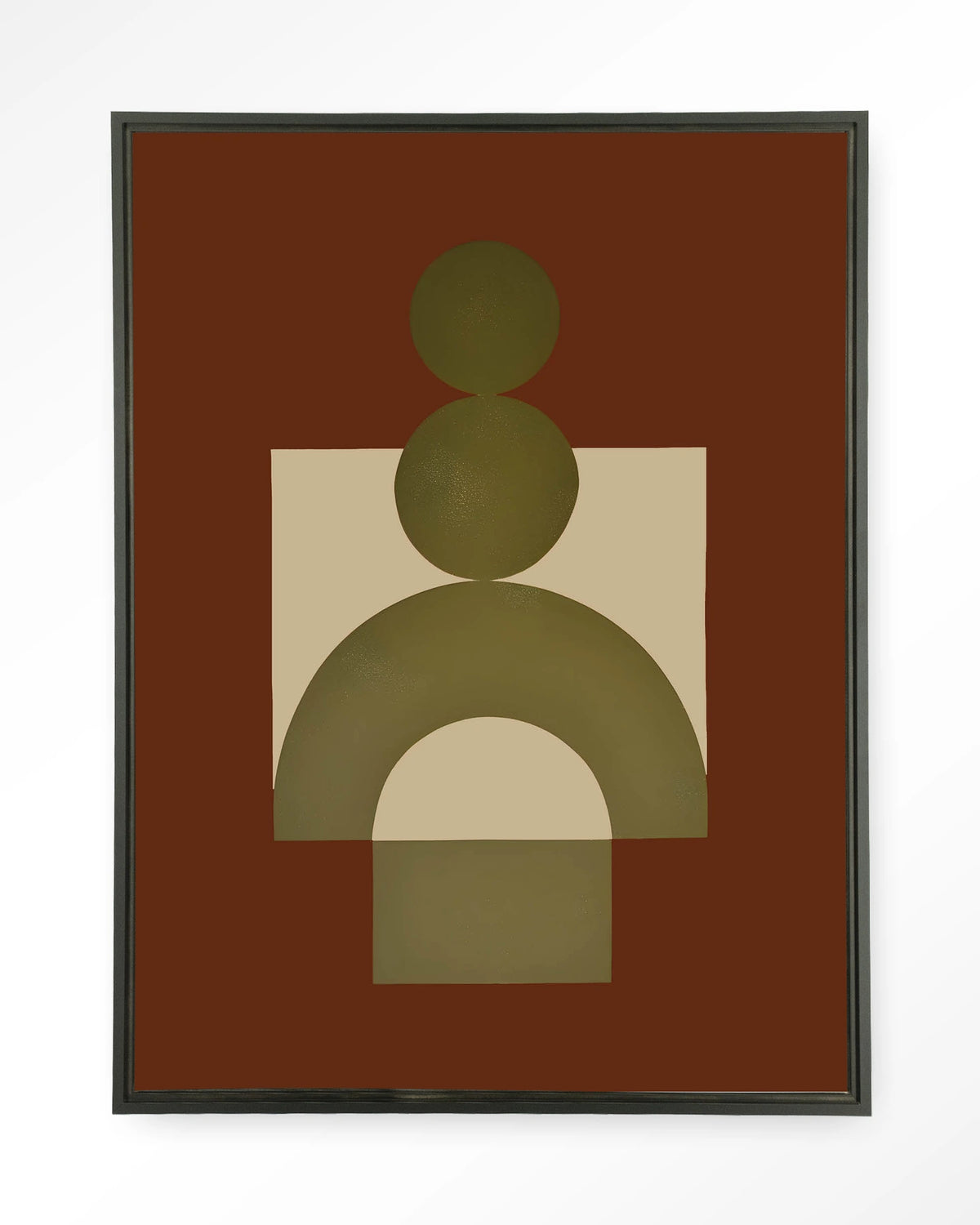 Forma 3 Red – abstracte vormen in groen op rood – Wandkleed – Floating frame – zwart