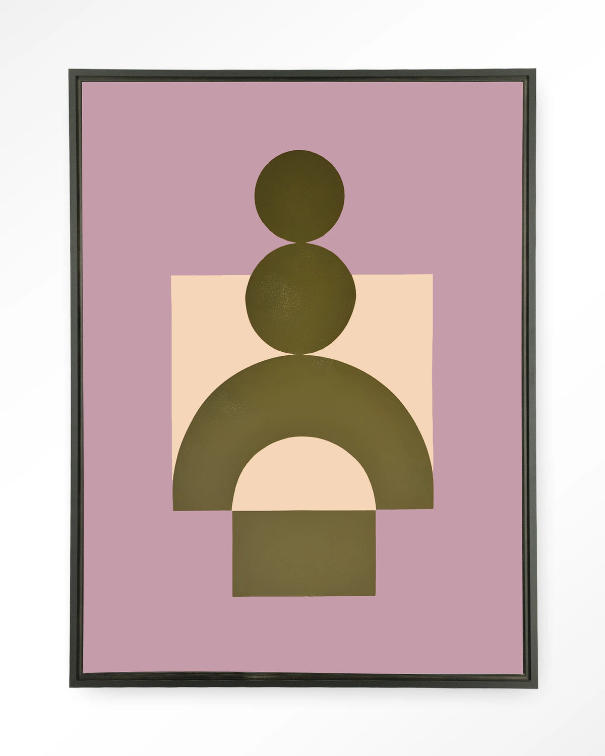 Forma 4 Pink – geometrisch abstract in lila en olijfgroen – Wandkleed – Floating frame – zwart
