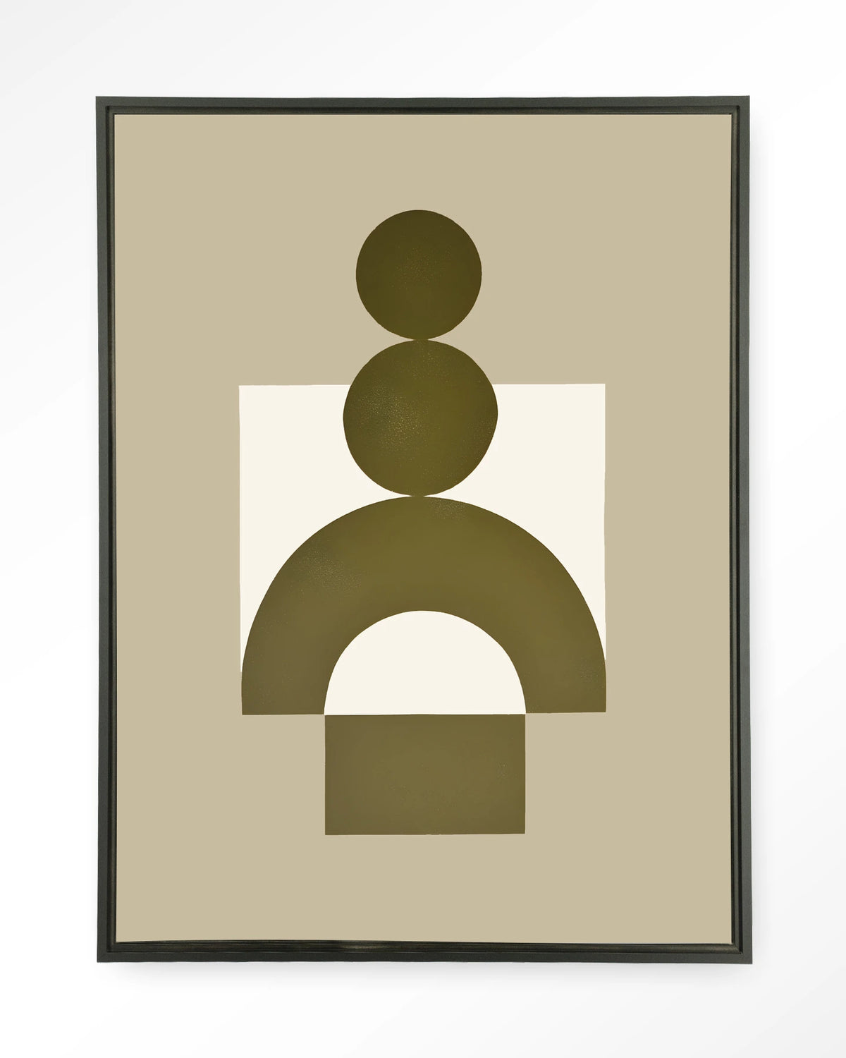Forma 4 Yellow – abstracte vormen in olijfgroen en beige – Wandkleed – Floating frame – zwart
