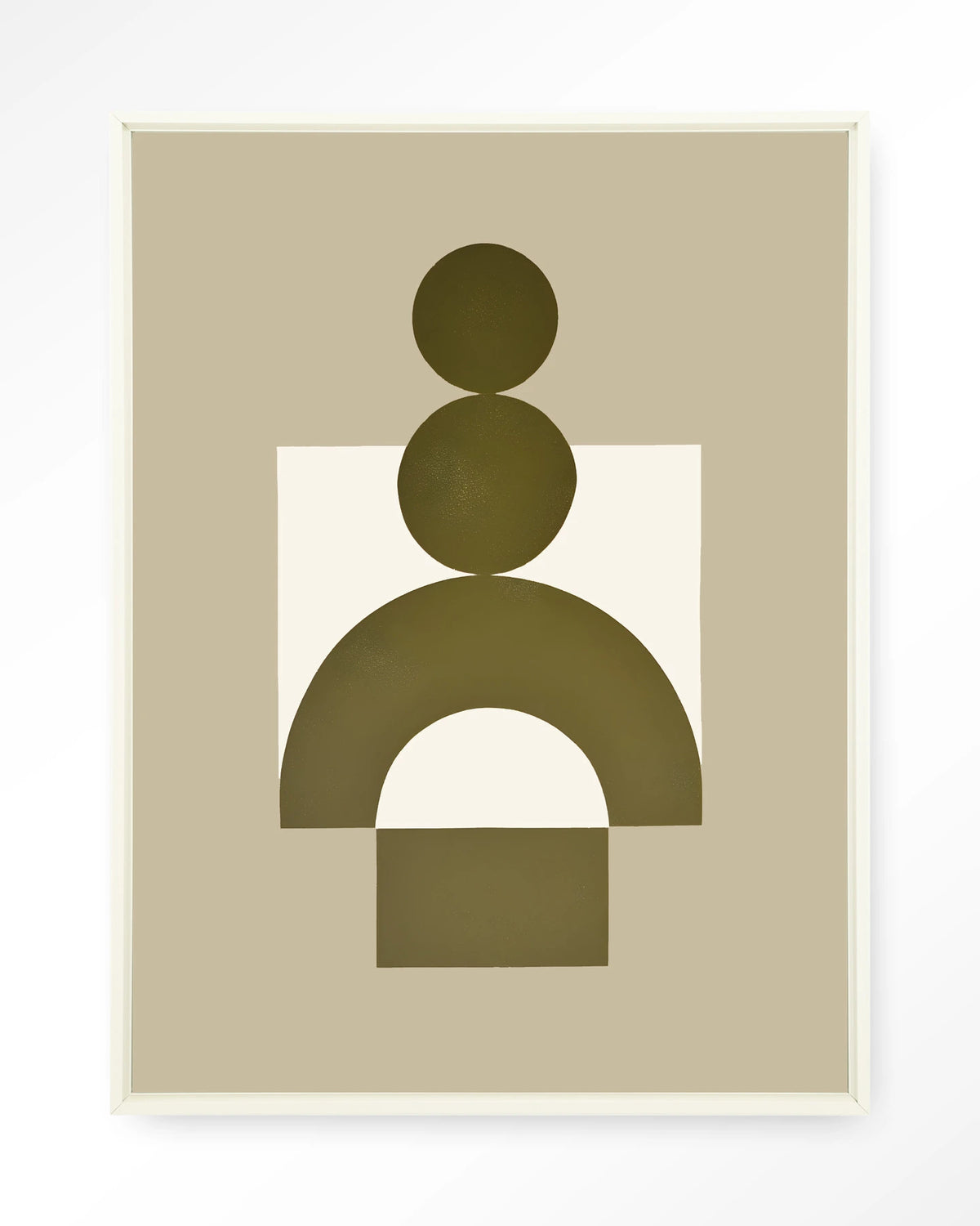 Forma 4 Yellow – abstracte vormen in olijfgroen en beige – Wandkleed – Floating frame – wit